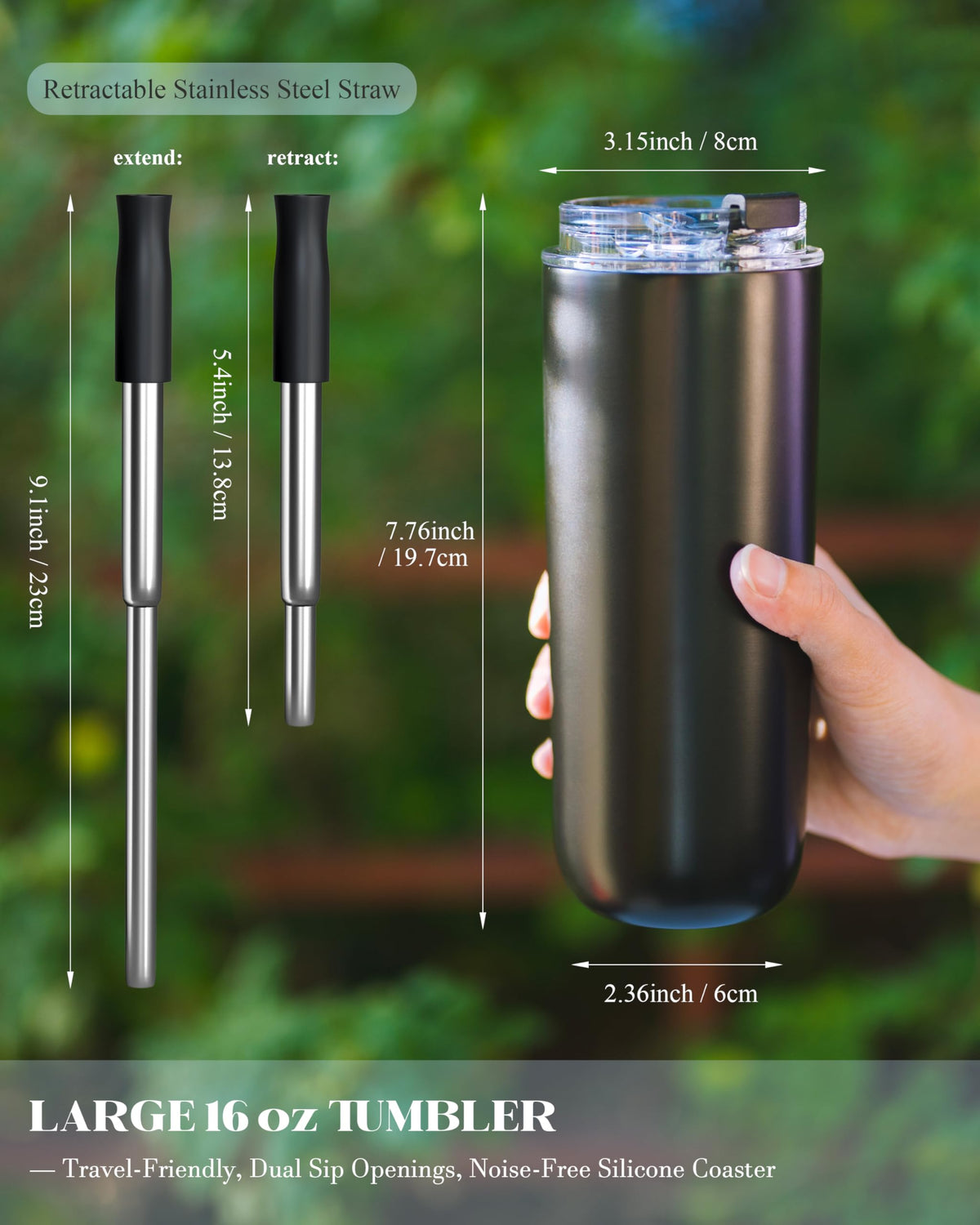 16 oz Insulated Stainless Steel Tumbler with Straw and Lid F8309