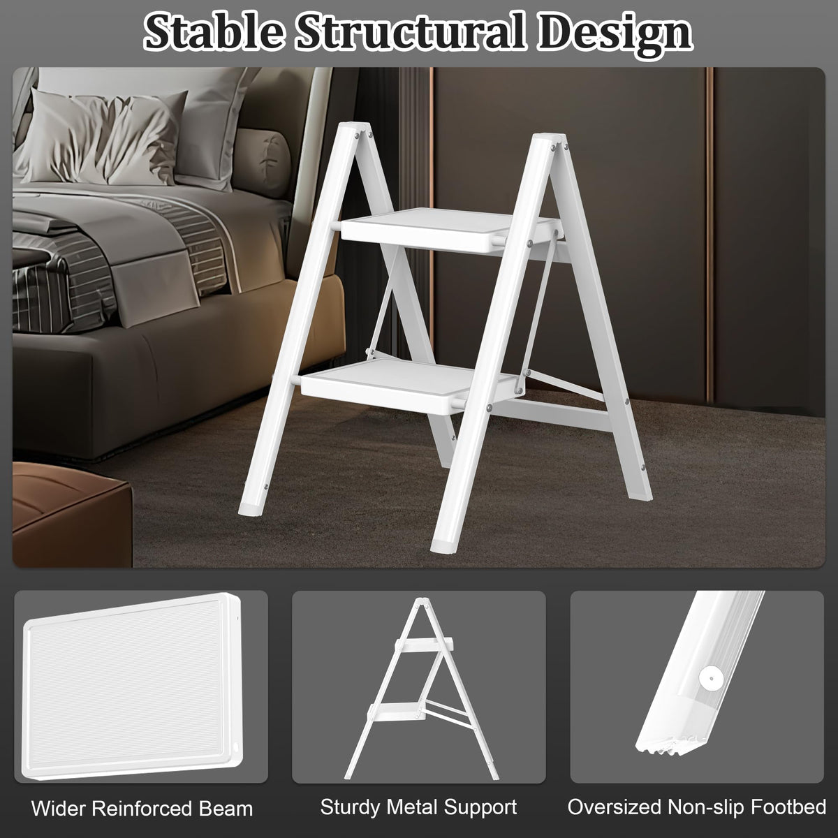 2 Step Folding Steel Ladder 330lbs Capacity White G763115