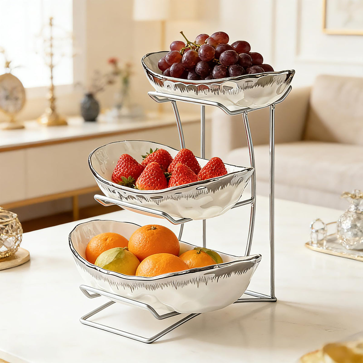 3 Tier Ceramic Fruit Bowl with Metal Stand V7161