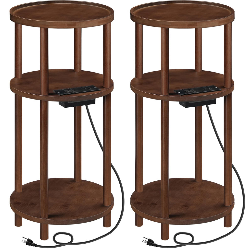 Set of 2 Round Bamboo Side Tables with Charging Station R229