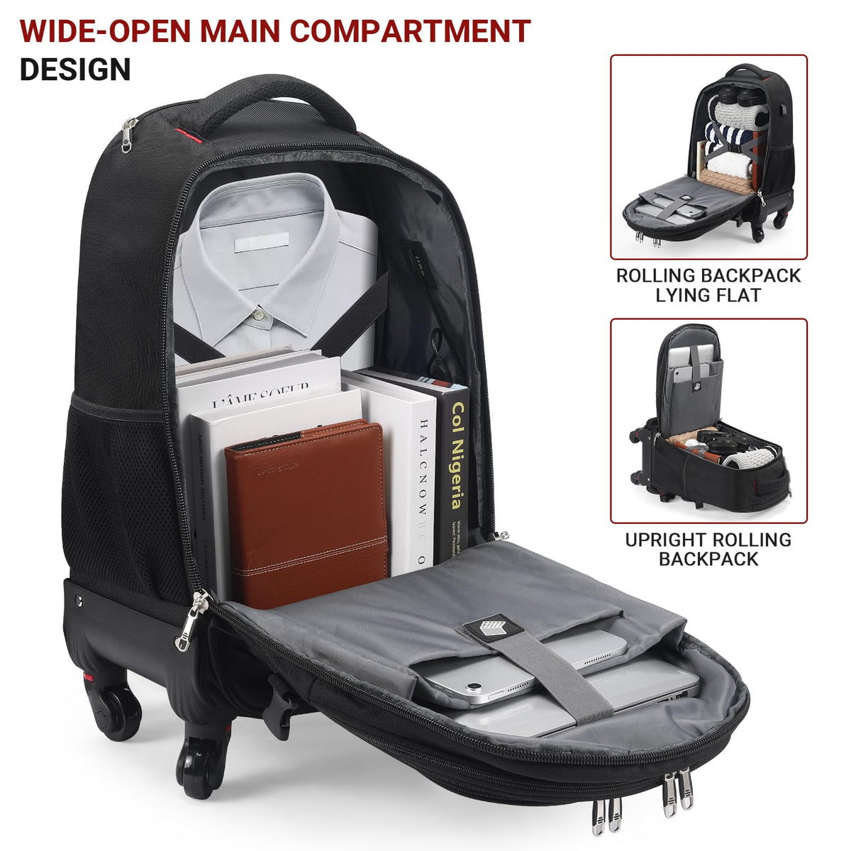 Rolling Backpack with 4 Extra Wheels, Water-Resistant Underseat Travel Luggage U677095