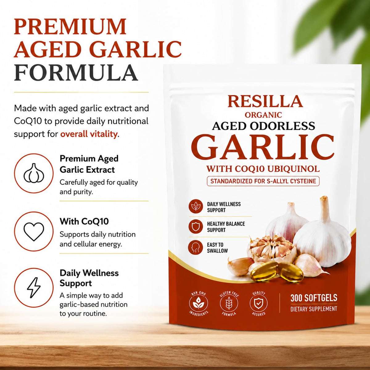 Organic Garlic Extract with CoQ10 Ubiquinol 300 Softgels F5767
