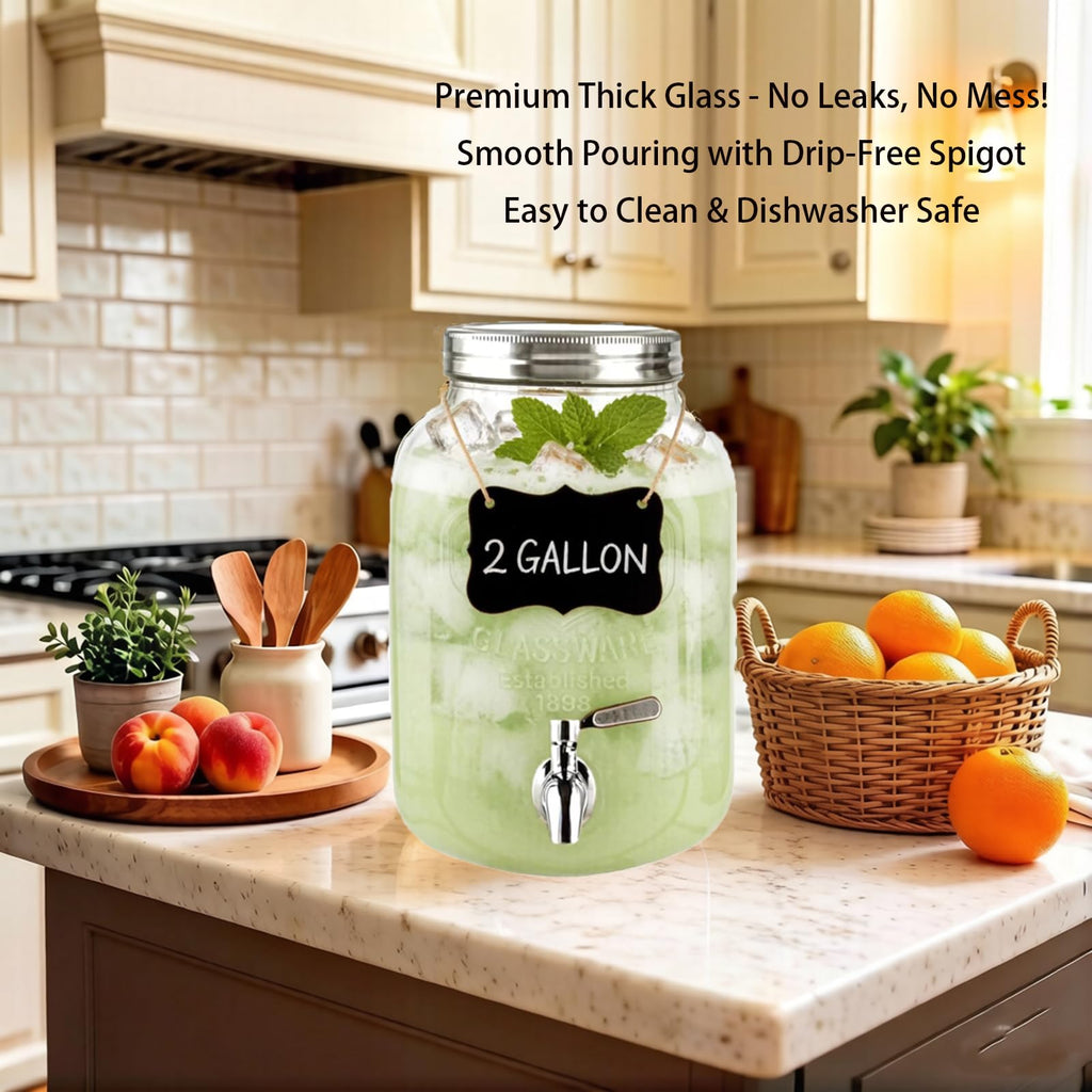 2 Gallon Glass Beverage Dispenser with Stand, Lid & Ice Core X5110