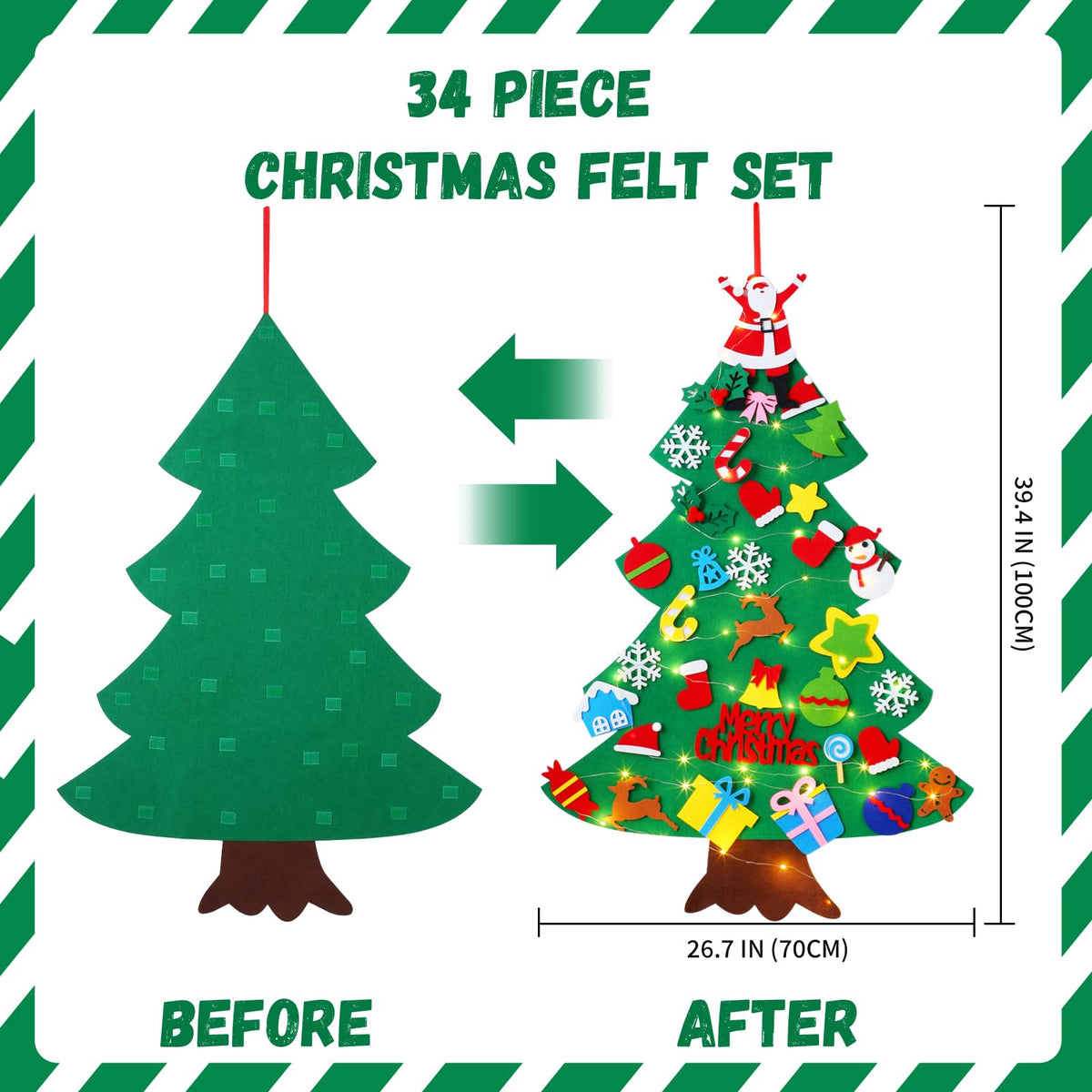 Felt Christmas Tree for Toddlers, 3.2ft Wall Hanging DIY Xmas Decorations with String Light P700077