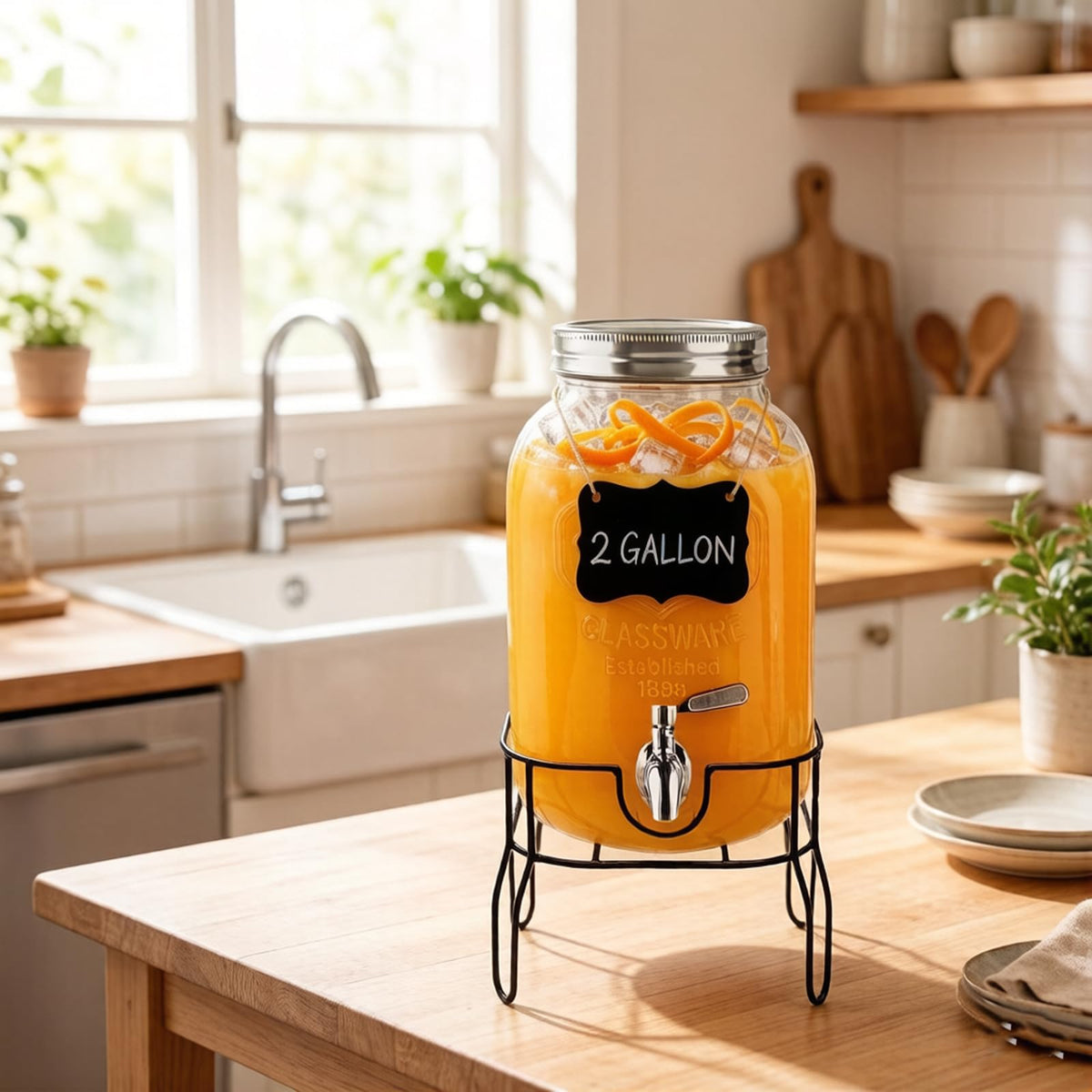 2 Gallon Glass Beverage Dispenser with Stand, Lid & Ice Core X5110