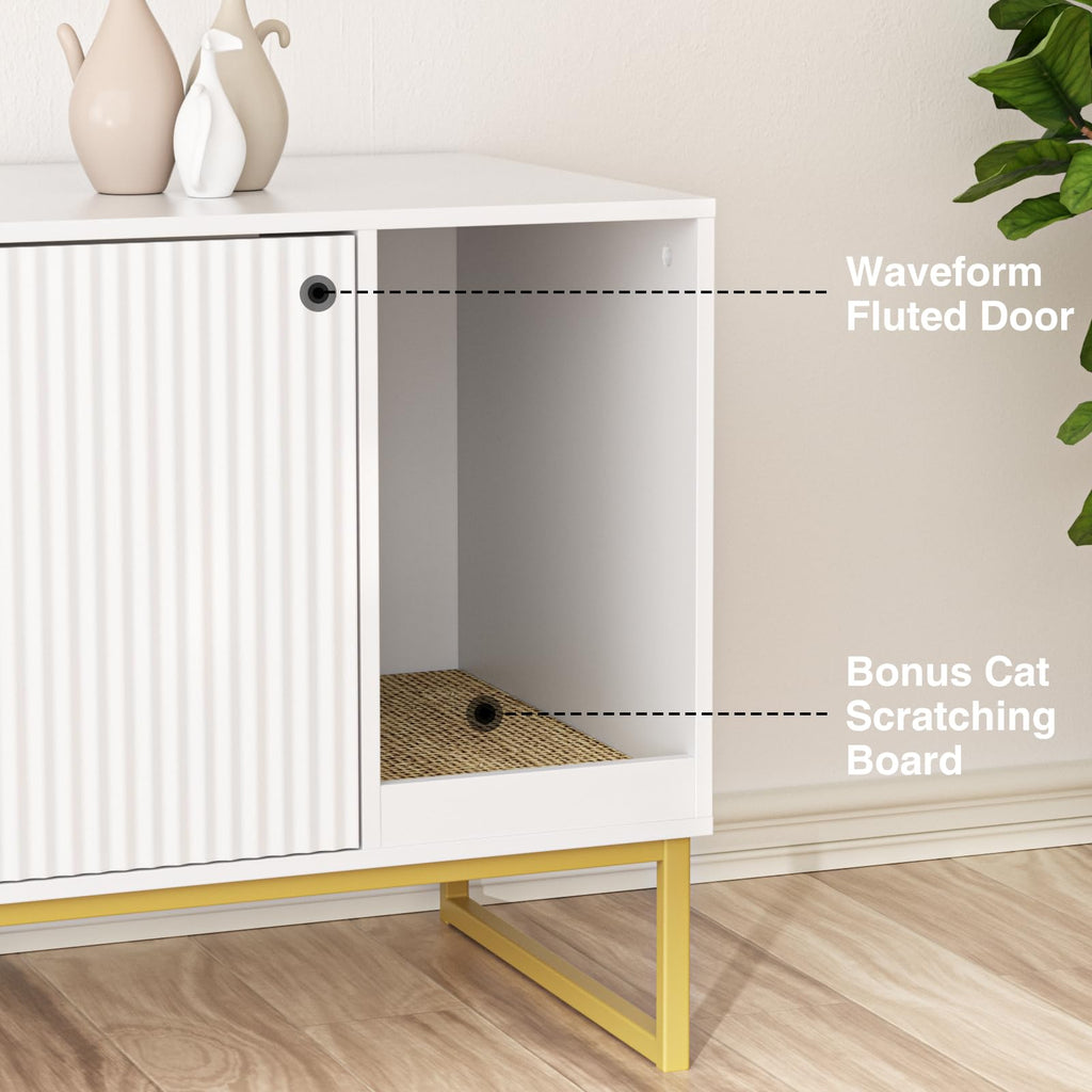 White Cat Litter Box Enclosure with Scratch Pad and Metal Legs P683