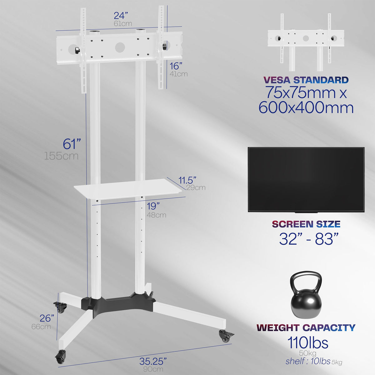 Mobile TV Cart for 32 to 83 inch Screens up to 110 lbs, White O6006