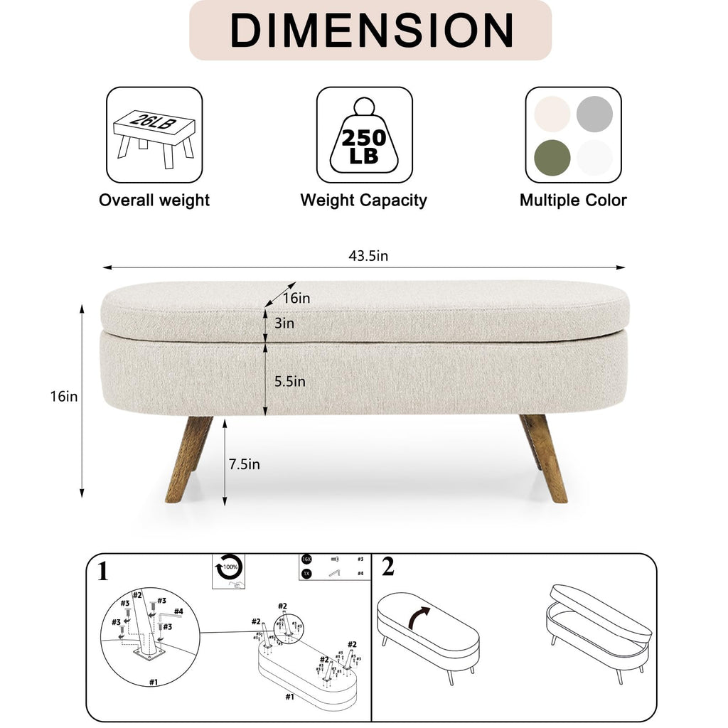 Beige Linen Upholstered Storage Ottoman Bench O382