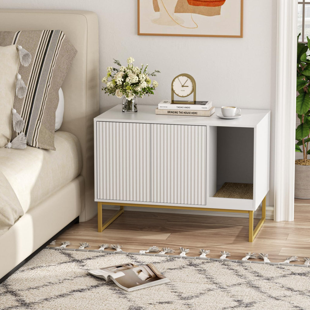White Cat Litter Box Enclosure with Scratch Pad and Metal Legs P683