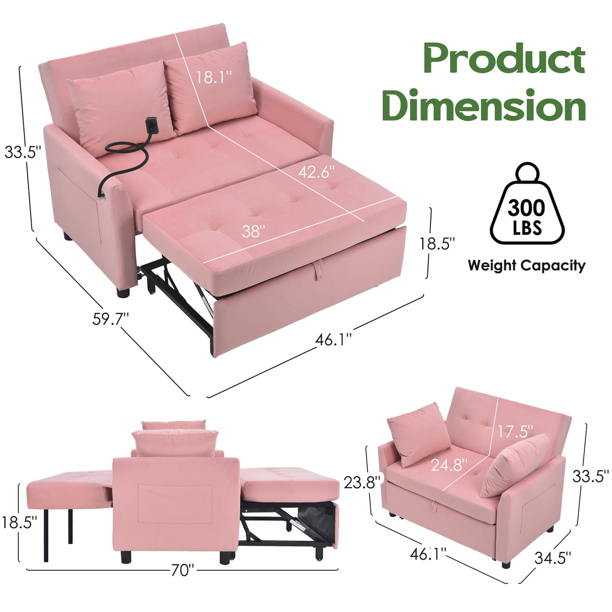 Pink Convertible Sleeper Sofa Bed D694