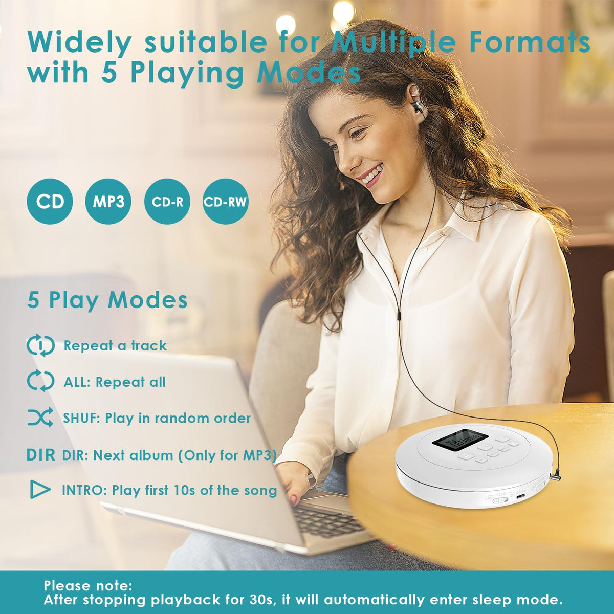 Portable CD Player with Headphones Jack USB AUX LCD Display White S577652