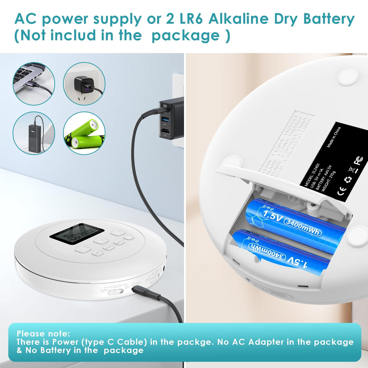 Portable CD Player with Headphones Jack USB AUX LCD Display White S577652