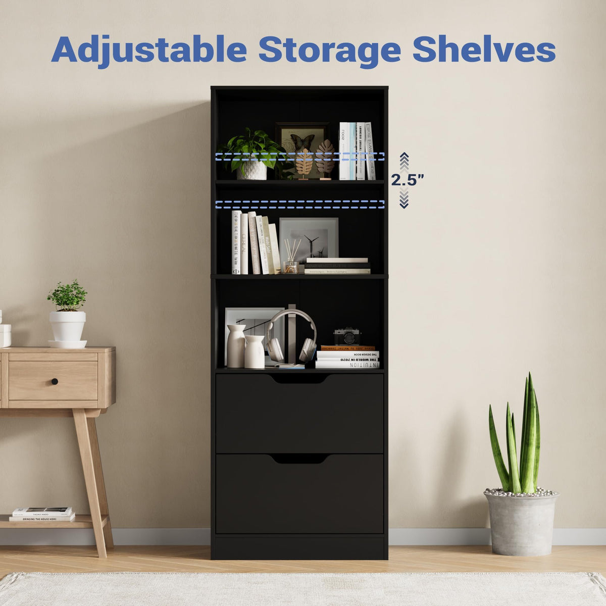 63" H Black Bookshelf with 2 Drawers Z3703