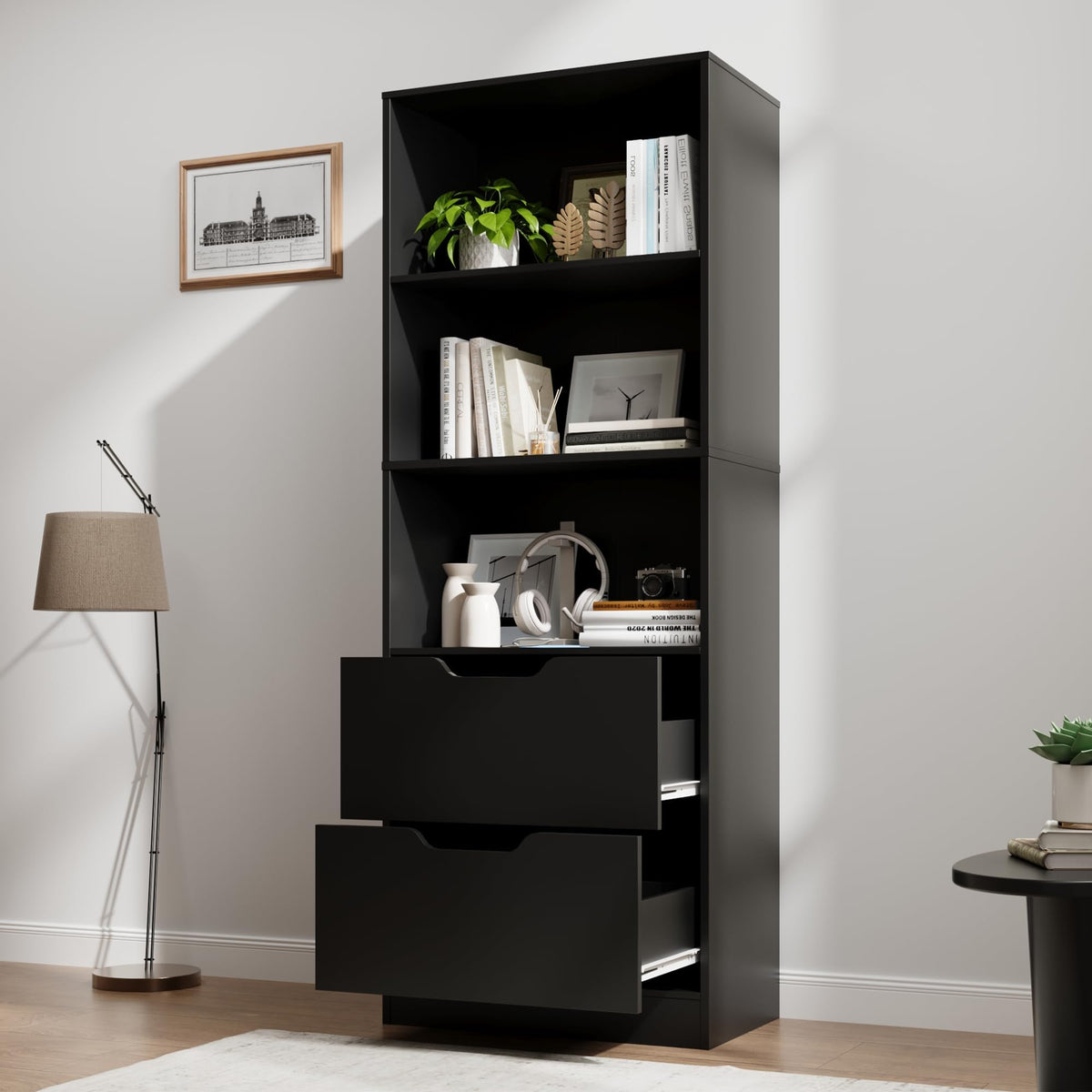 63" H Black Bookshelf with 2 Drawers Z3703