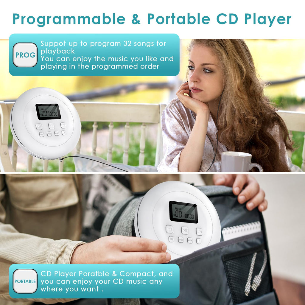 Portable CD Player with Headphones Jack USB AUX LCD Display White S577652