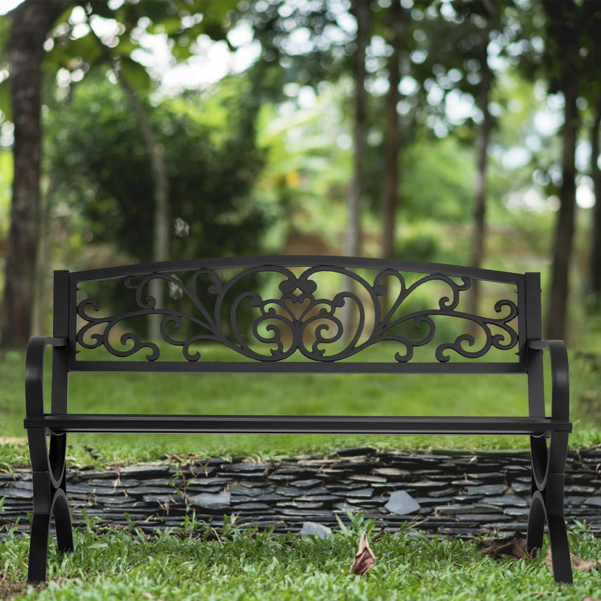 50" Outdoor Garden Bench Black 480lbs Load Capacity U138316