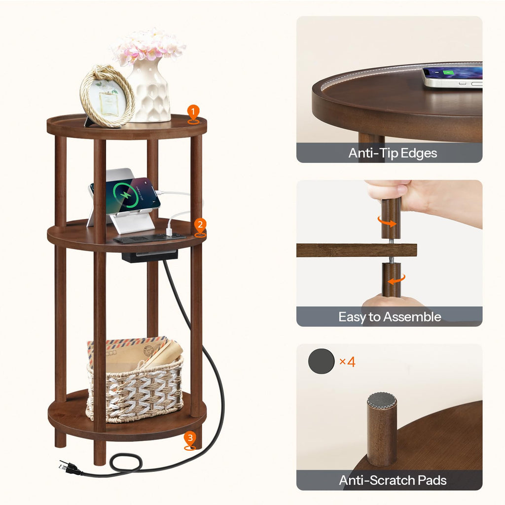 Set of 2 Round Bamboo Side Tables with Charging Station R229