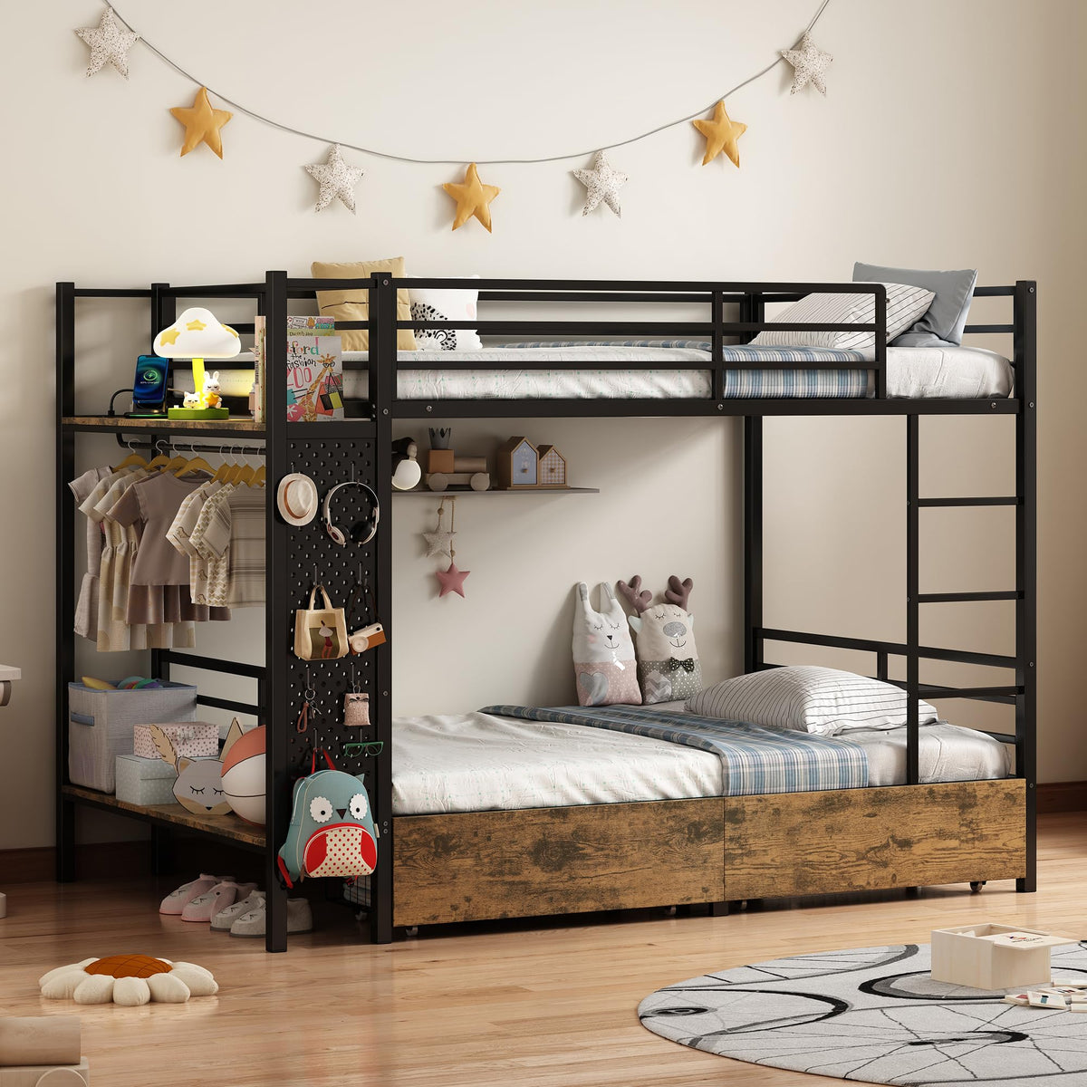 Twin Over Twin Metal Bunk Bed with Storage J4810