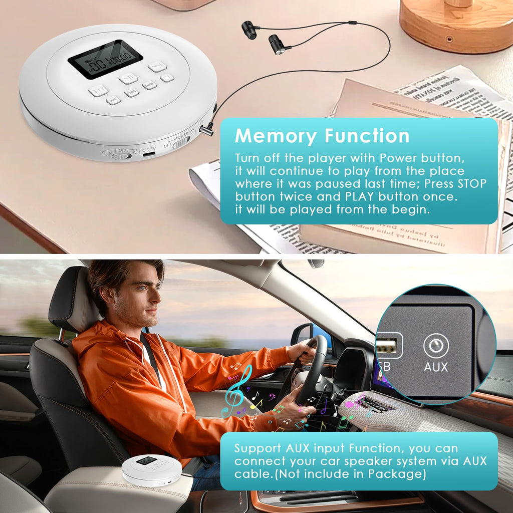 Portable CD Player with Headphones Jack USB AUX LCD Display White S577652