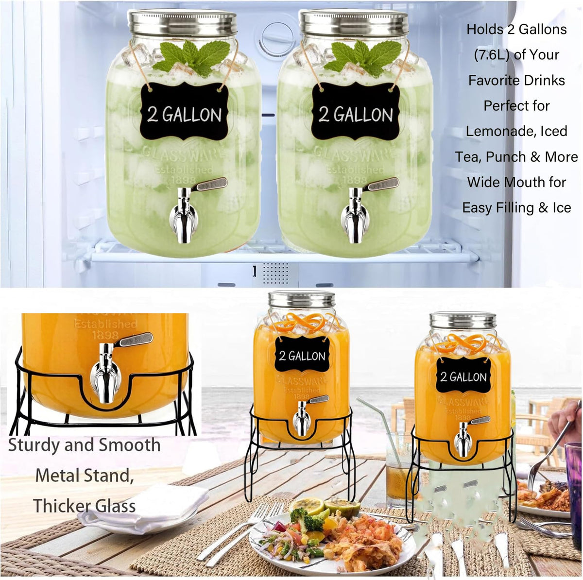 2 Gallon Glass Beverage Dispenser with Stand, Lid & Ice Core X5110