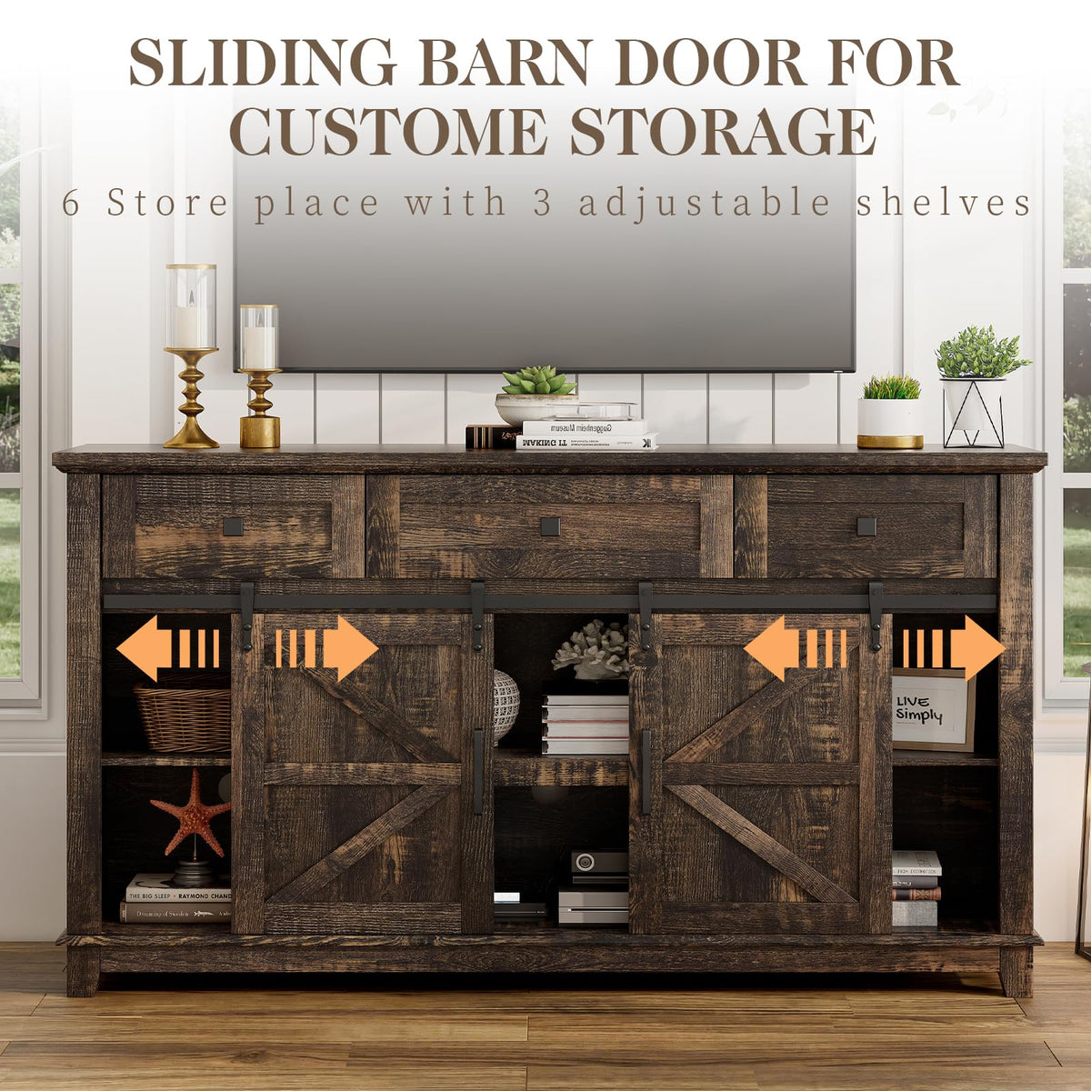 59" Dark Rustic Oak Farmhouse TV Stand with Storage Drawers X3065