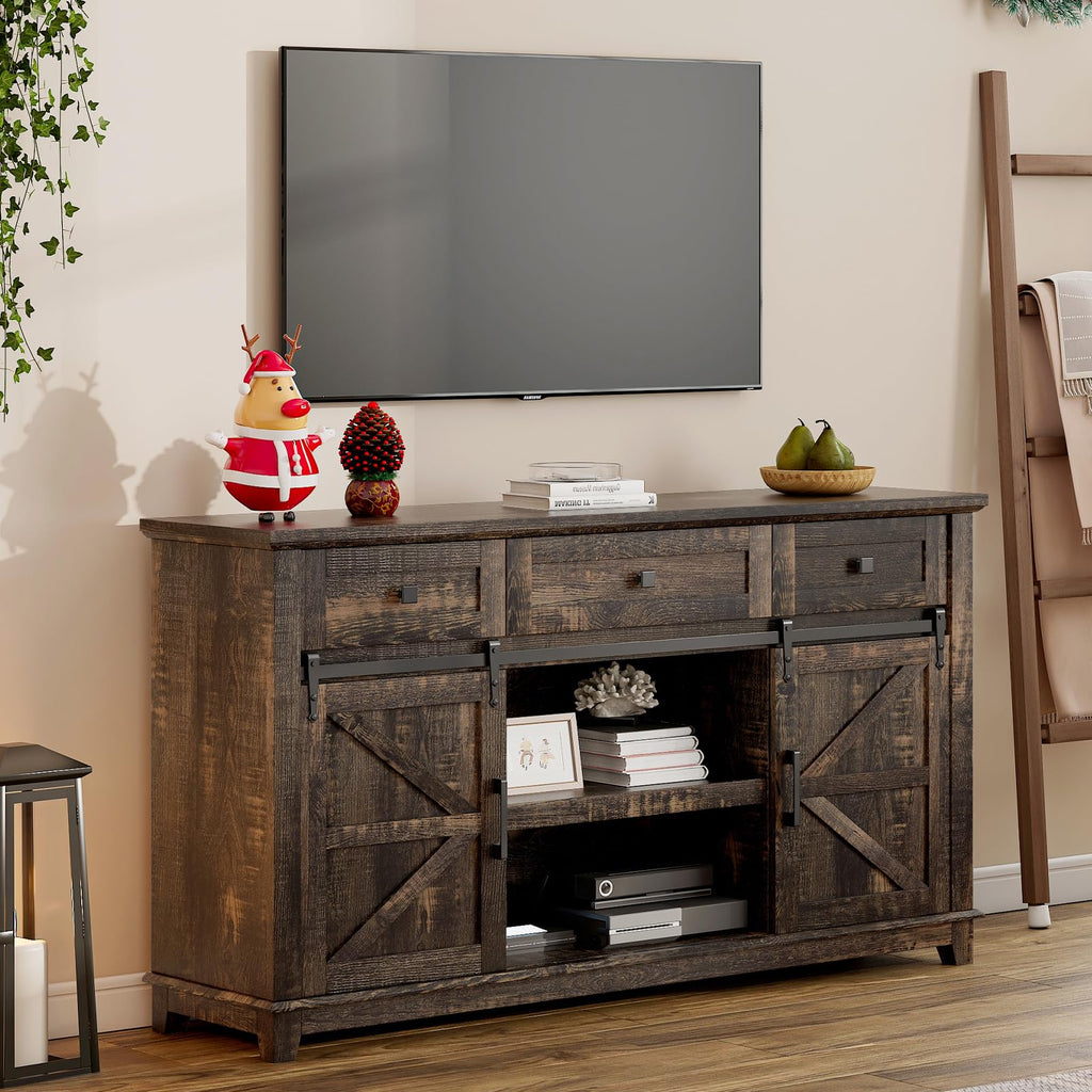 59" Dark Rustic Oak Farmhouse TV Stand with Storage Drawers X3065