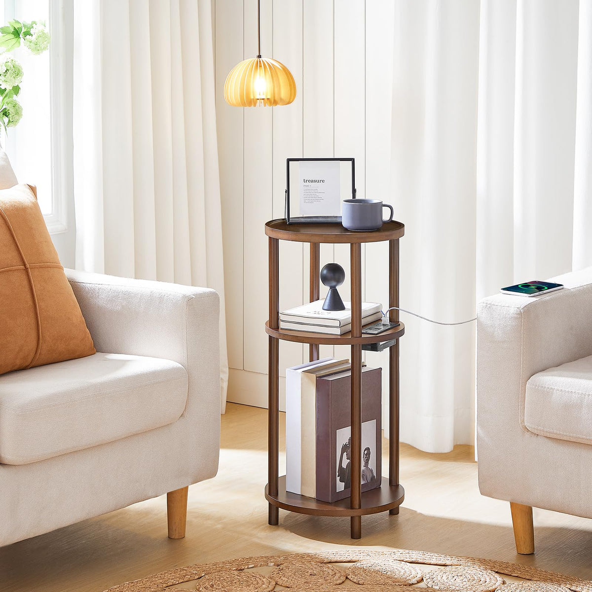 Set of 2 Round Bamboo Side Tables with Charging Station R229