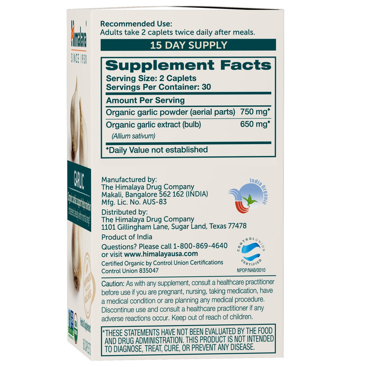 USDA Organic Garlic Supplements 1400 mg 60 Caplets F2543