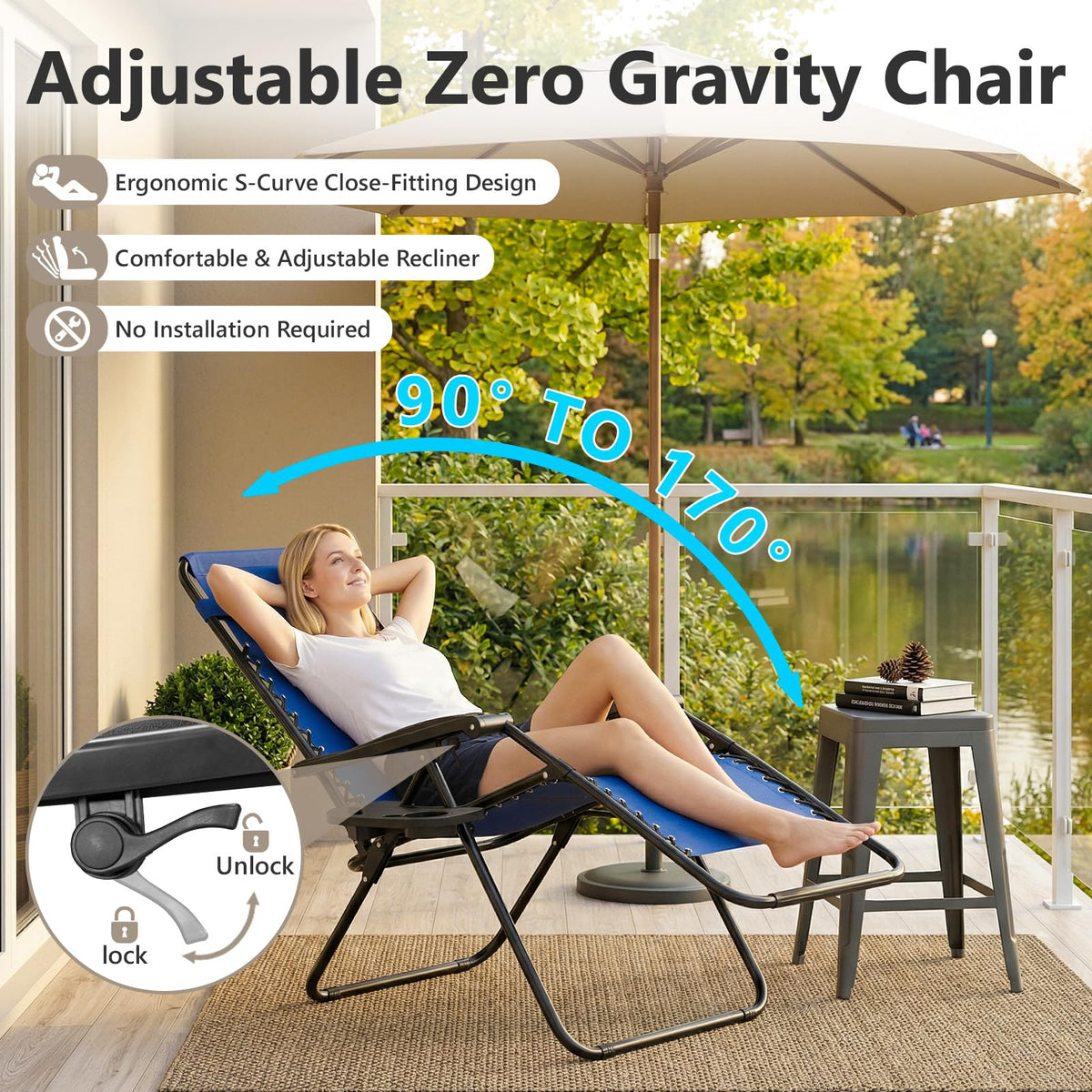 Blue Set of 2 Zero Gravity Lounge Chair with Pillow & Cup Holder A392053