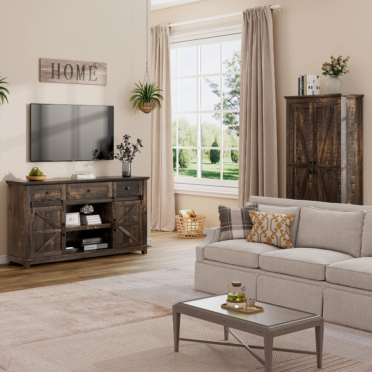 59" Dark Rustic Oak Farmhouse TV Stand with Storage Drawers X3065
