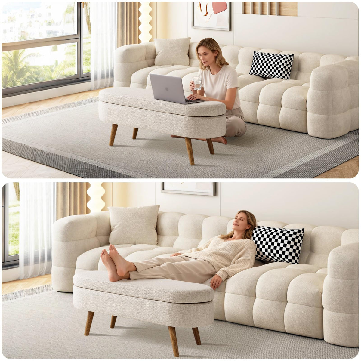 Beige Linen Upholstered Storage Ottoman Bench O382