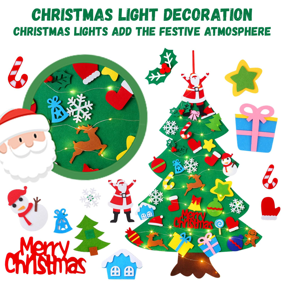 Felt Christmas Tree for Toddlers, 3.2ft Wall Hanging DIY Xmas Decorations with String Light P700077