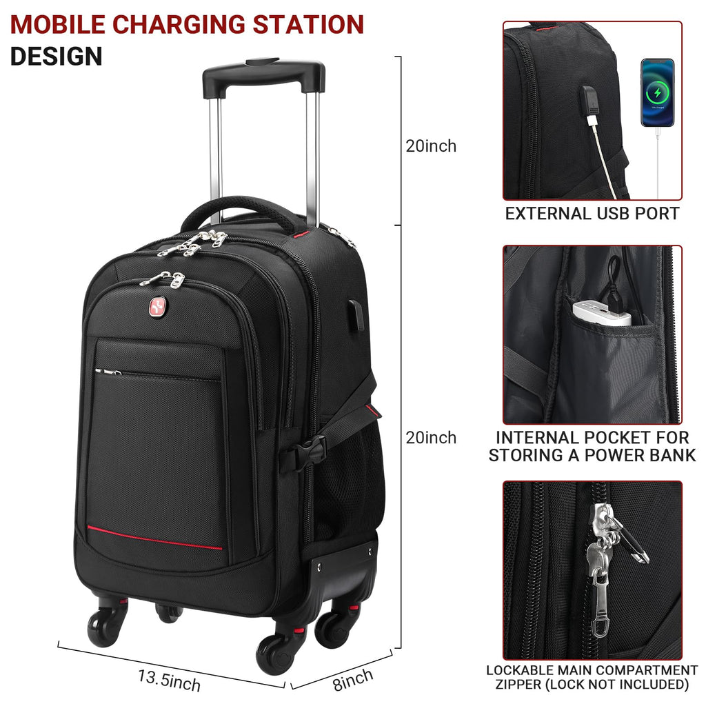 Rolling Backpack with 4 Extra Wheels, Water-Resistant Underseat Travel Luggage U677095