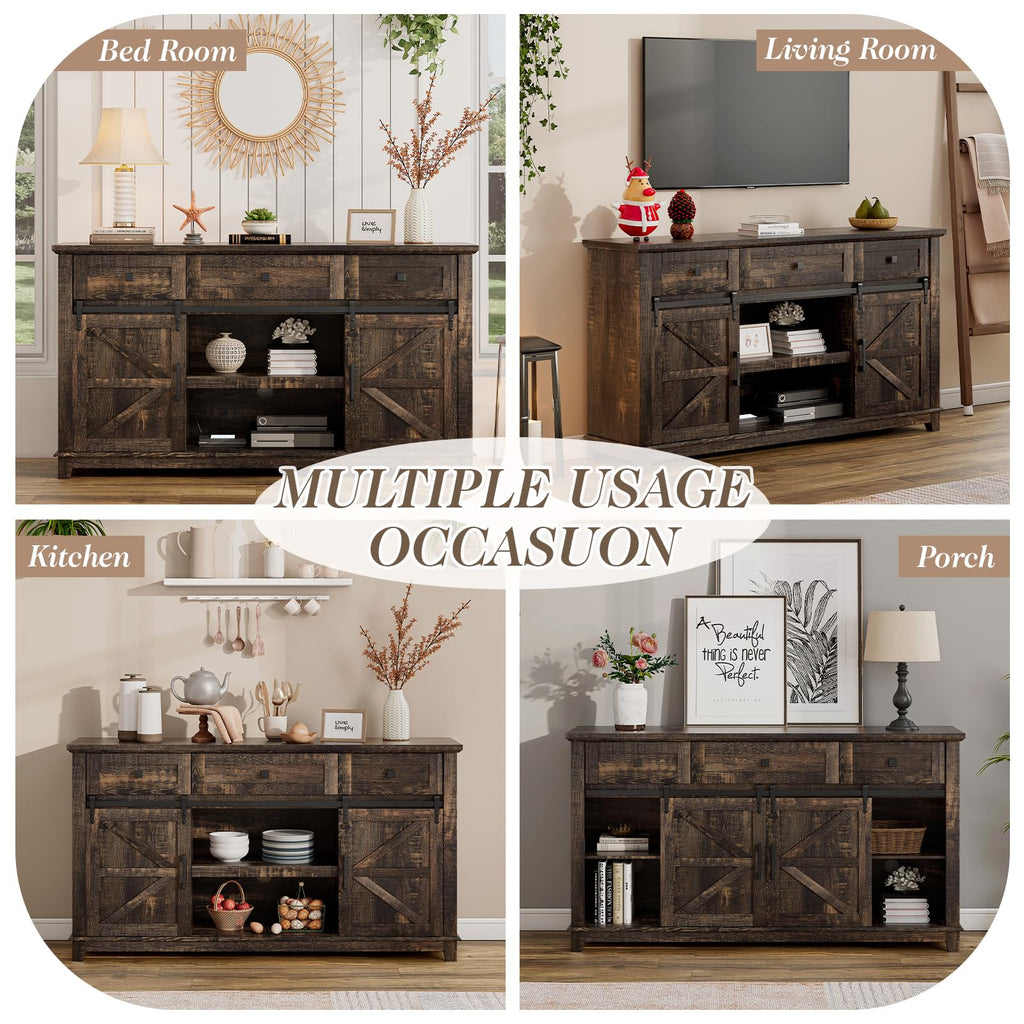 59" Dark Rustic Oak Farmhouse TV Stand with Storage Drawers X3065