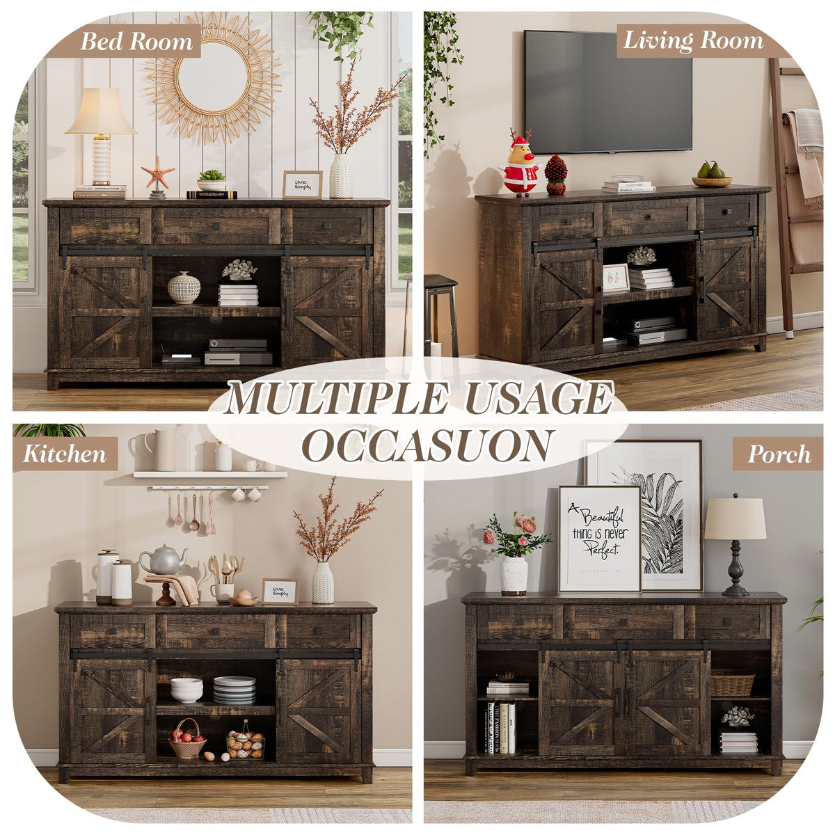 59" Dark Rustic Oak Farmhouse TV Stand with Storage Drawers X3065