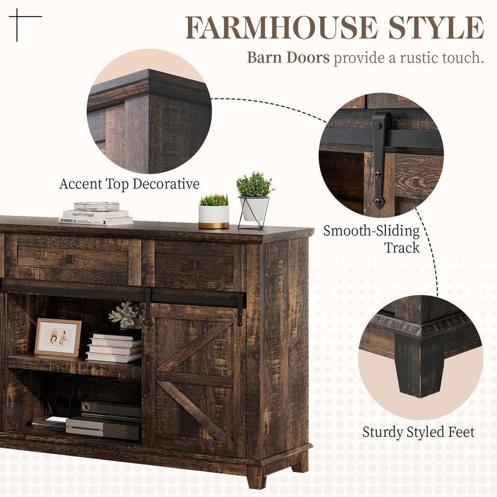 59" Dark Rustic Oak Farmhouse TV Stand with Storage Drawers X3065
