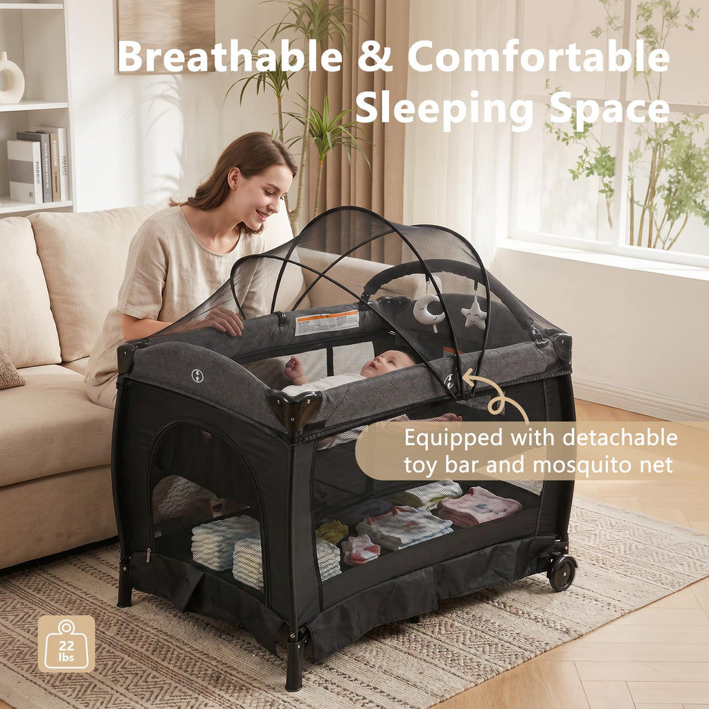 Portable Pack and Play Baby Playard with Bassinet Light Grey V843