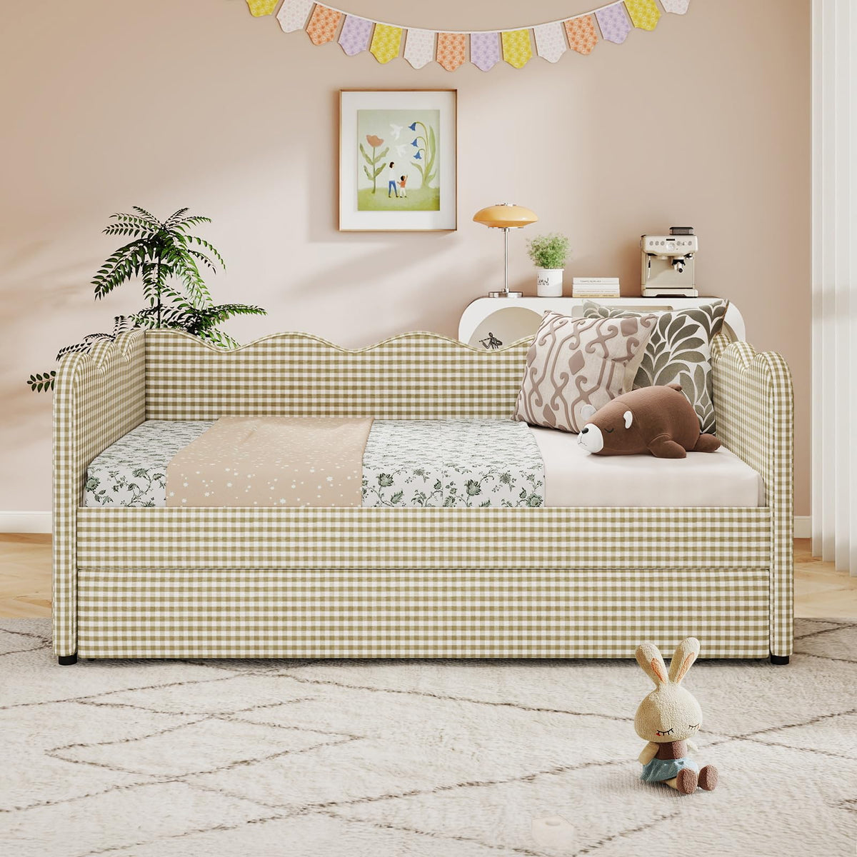 Twin Size Upholstered Gingham Daybed with Pop Up Trundle A255