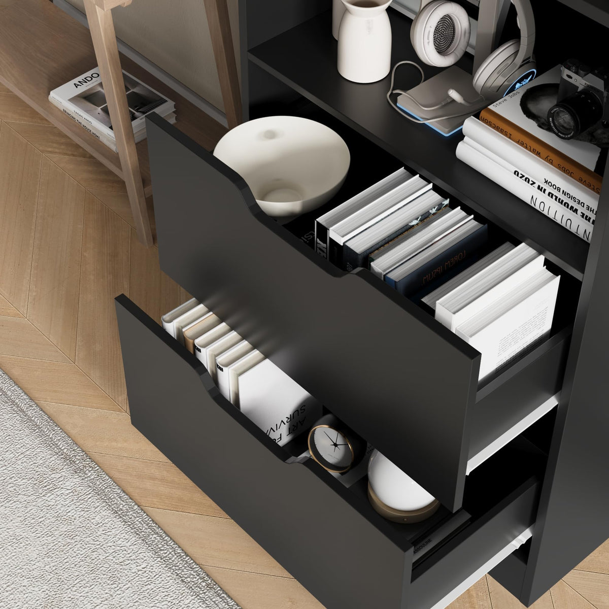 63" H Black Bookshelf with 2 Drawers Z3703