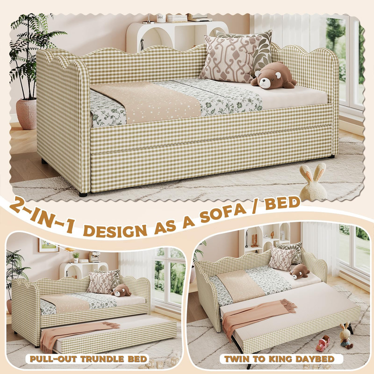 Twin Size Upholstered Gingham Daybed with Pop Up Trundle A255