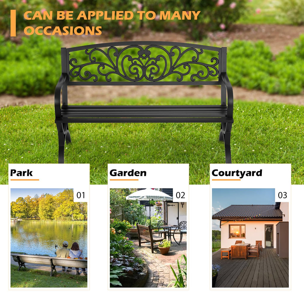 50" Outdoor Garden Bench Black 480lbs Load Capacity U138316