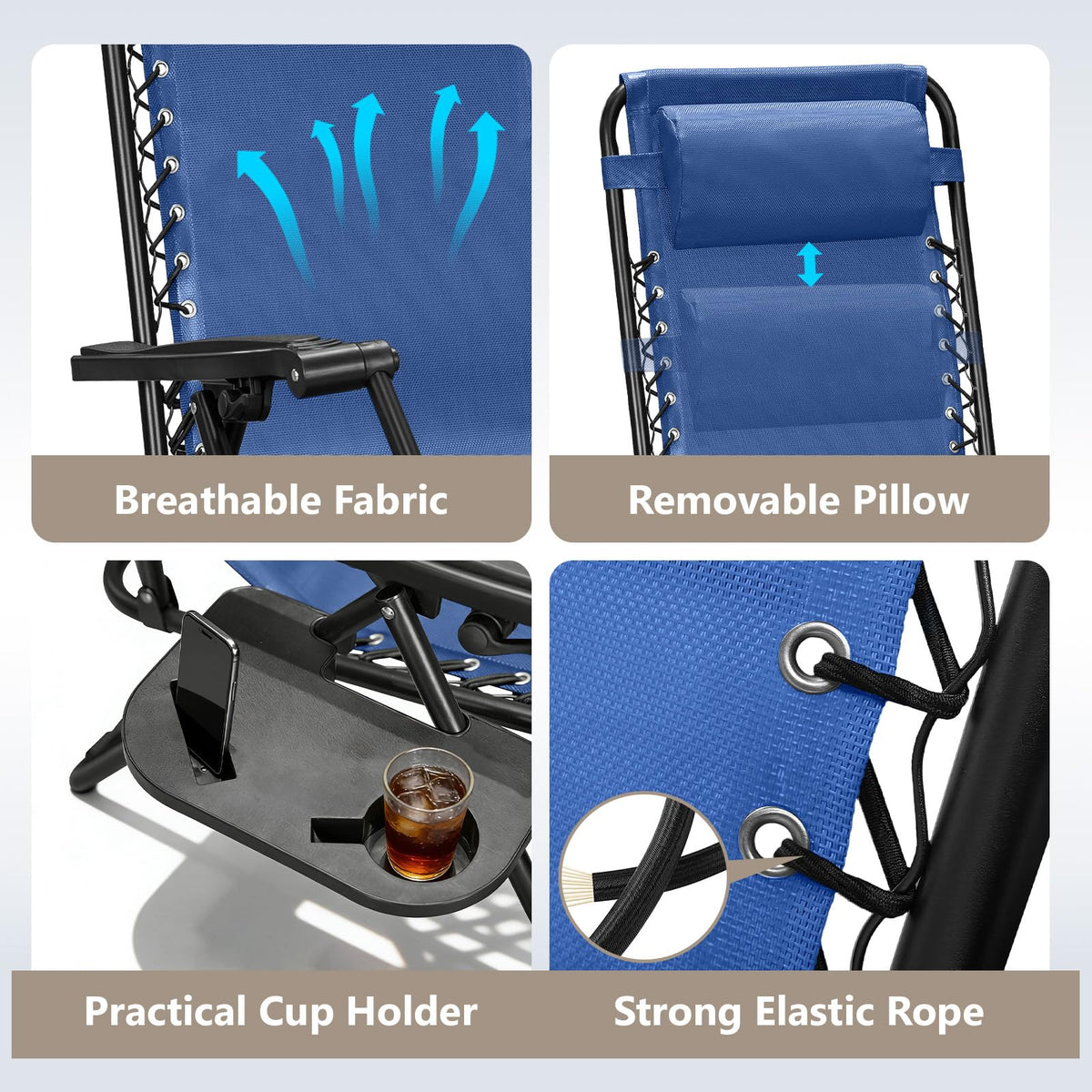 Blue Set of 2 Zero Gravity Lounge Chair with Pillow & Cup Holder A392053