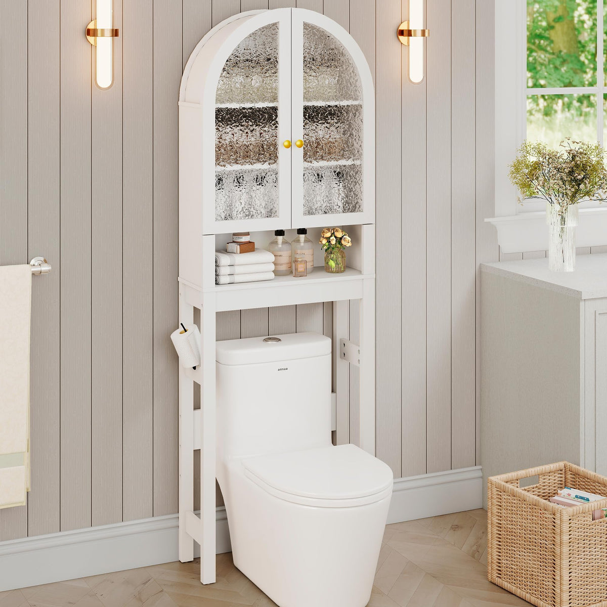White Over The Toilet Storage Cabinet with Acrylic Doors and Adjustable Shelf K6635
