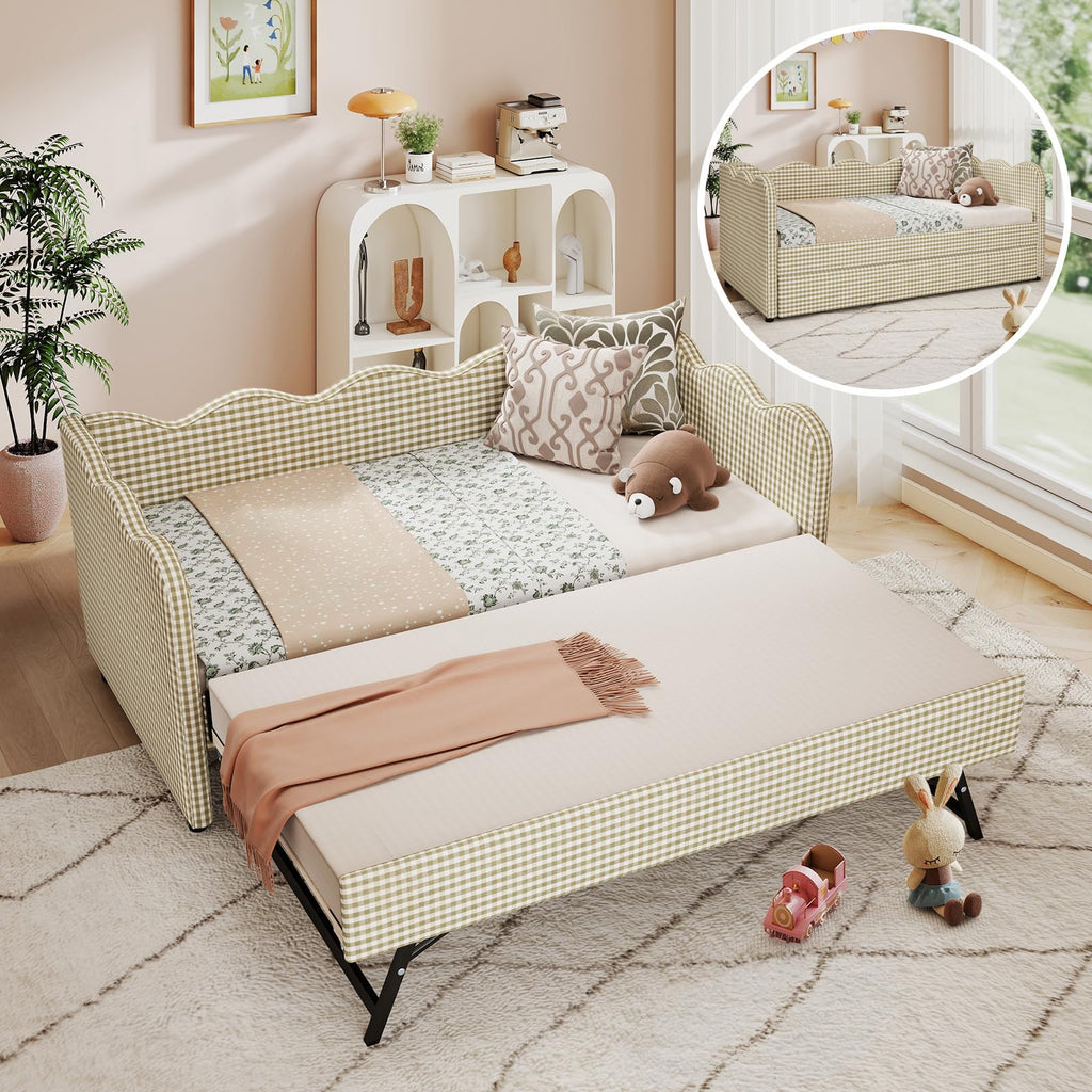 Twin Size Upholstered Gingham Daybed with Pop Up Trundle A255