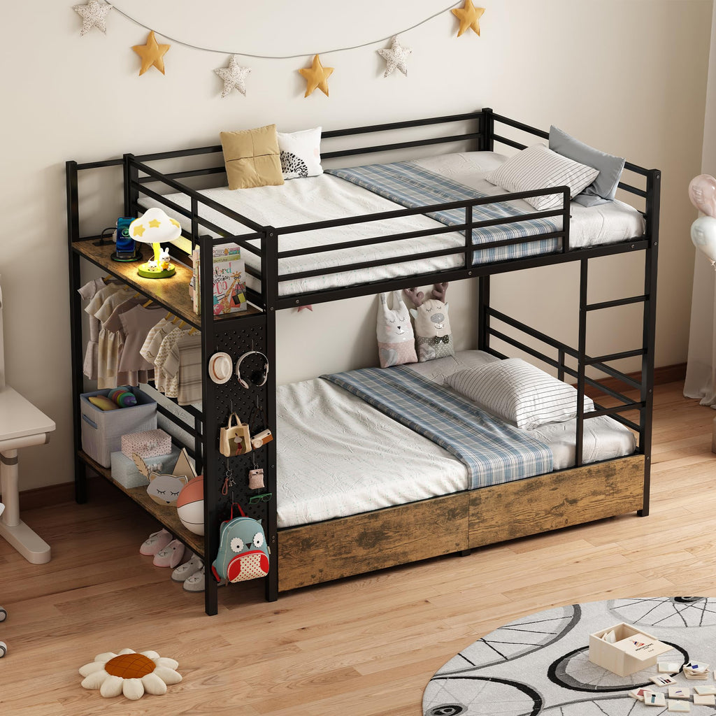 Twin Over Twin Metal Bunk Bed with Storage J4810