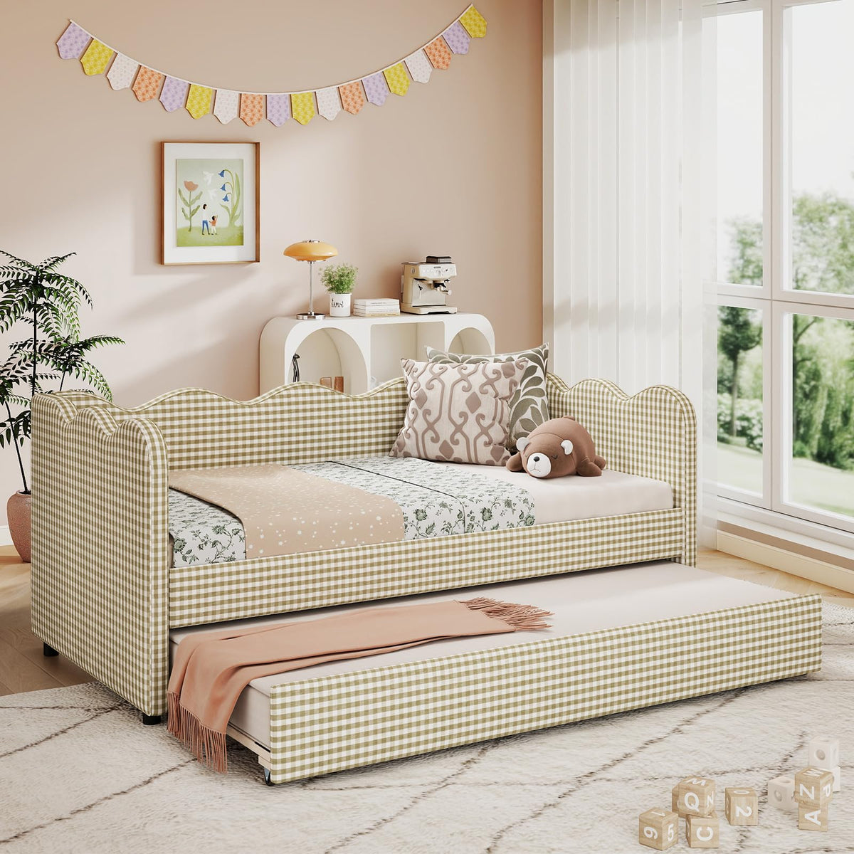 Twin Size Upholstered Gingham Daybed with Pop Up Trundle A255