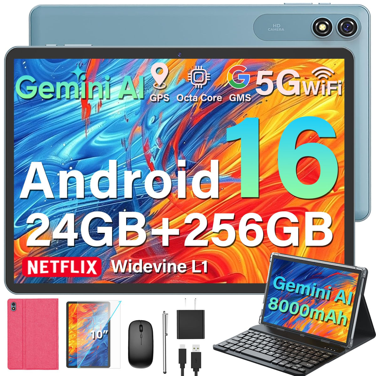 Android 16 Tablet with Keyboard 10 inch Pink T999