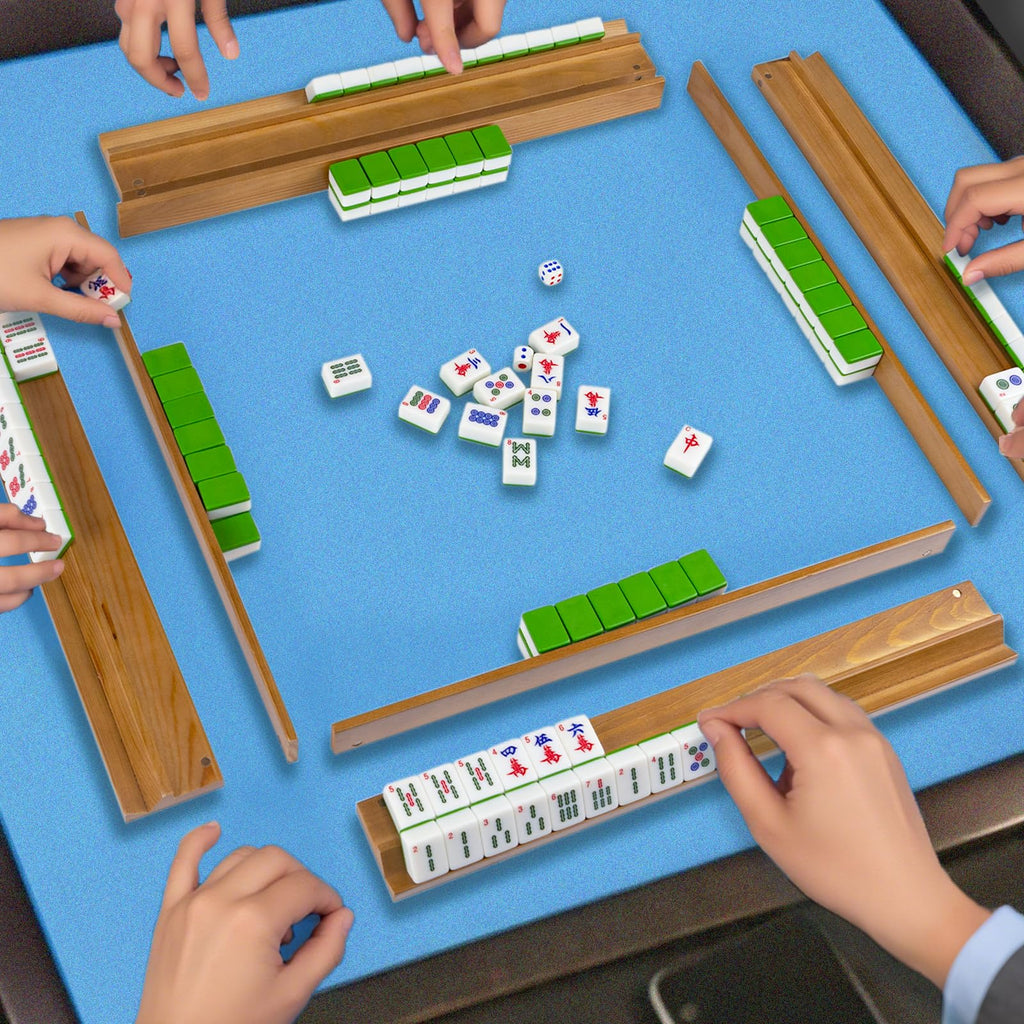 Wooden Mahjong Racks Set with Magnetic Pushers, 4 Racks & 4 Pushers J362