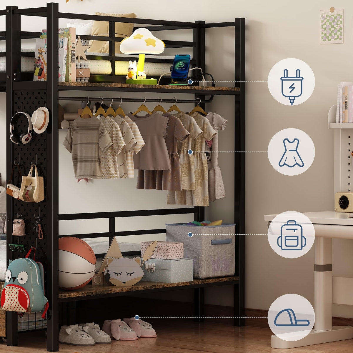 Twin Over Twin Metal Bunk Bed with Storage J4810