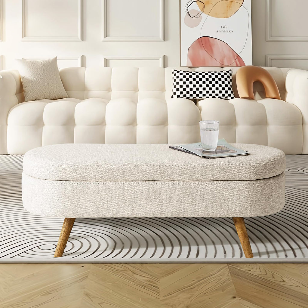 Beige Linen Upholstered Storage Ottoman Bench O382